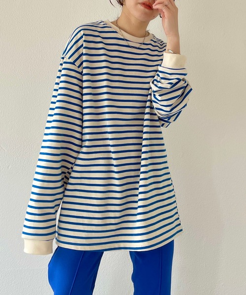 natto（ナット）の「【ユニセックスアイテム】loose silhouette border long sleeve tee / ルーズシルエットボーダーロングスリーブ（Tシャツ/カットソー・メンズ・ネイビー/ブルー/ホワイト/アイボリー・FREE）」の12枚目の写真