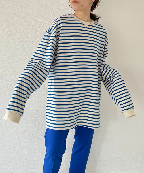 natto（ナット）の「【ユニセックスアイテム】loose silhouette border long sleeve tee / ルーズシルエットボーダーロングスリーブ（Tシャツ/カットソー・メンズ・ネイビー/ブルー/ホワイト/アイボリー・FREE）」の13枚目の写真