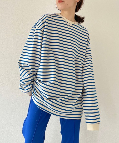 natto（ナット）の「【ユニセックスアイテム】loose silhouette border long sleeve tee / ルーズシルエットボーダーロングスリーブ（Tシャツ/カットソー・メンズ・ネイビー/ブルー/ホワイト/アイボリー・FREE）」の14枚目の写真