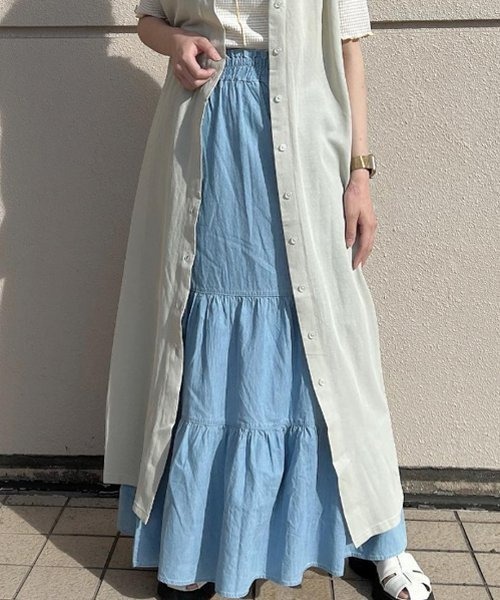 AS KNOW AS PINKY（アズノゥアズピンキー）の「デニムティアードスカート（デニムスカート・レディース・サックスブルー/ネイビー・FREE）」の2枚目の写真