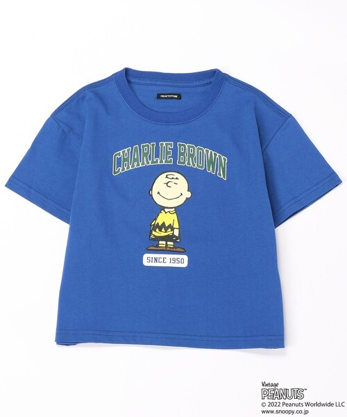 FREAK'S STORE(フリークスストア)の「WEBオリジナル PEANUTS 別注 ビッグシルエット アーチロゴ プリントTシャツ/カレッジロゴ/チャーリー・ブラウン(Tシャツ/カットソー・キッズ・ホワイト/グレー/ブラック/グリーン/ブルー・120/150/130/140)」の5枚目の写真