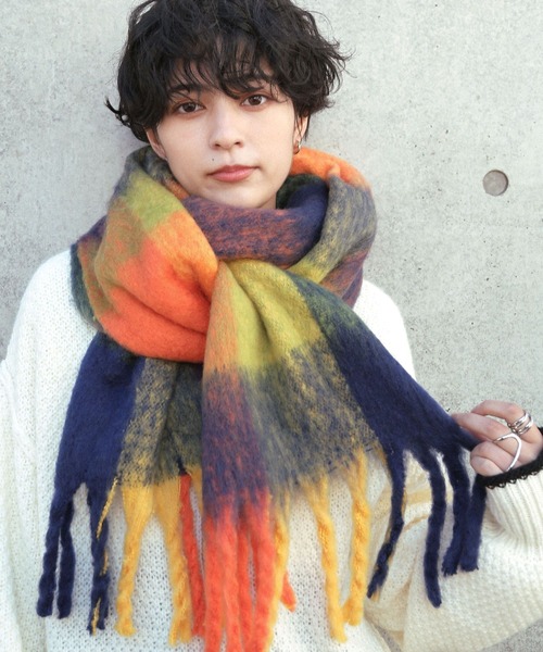 新品　パラスパレス　フリンジ付きダークブルーオレンジマフラー machouse_02512400791