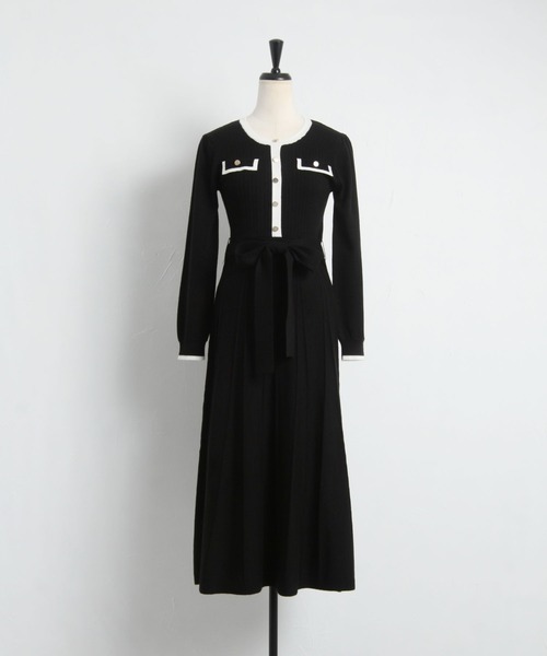 ウエストりぼん付き飾り釦フェイクポケット配色ニットワンピース