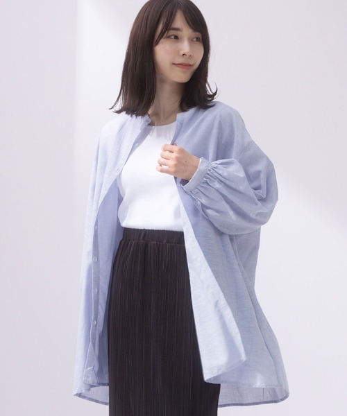 AnNet(アネット)の「麻混 チュニック シャツ(シャツ/ブラウス・レディース・ストライプ/ベージュ/サックスブルー・5L/3L/4L)」の3枚目の写真