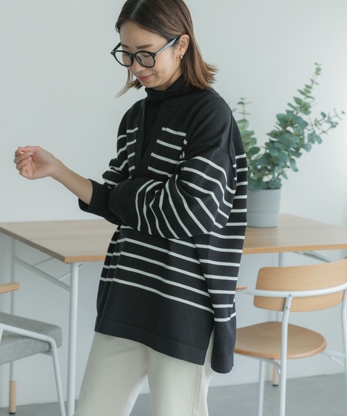 FORK&SPOON(フォークアンドスプーン)の「FORK&SPOON スリットネックボーダーニット(ニット/セーター・レディース・ホワイト系その他/ブラック系その他・1)」の11枚目の写真