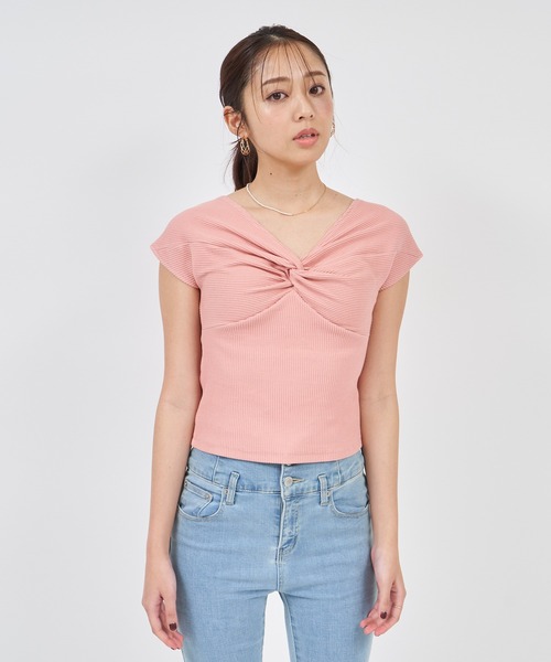 ROYAL PARTY(ロイヤルパーティー)の「フロントツイストカットリブトップス(Tシャツ/カットソー・レディース・ピンク/オフホワイト/ブラック・FREE)」の9枚目の写真
