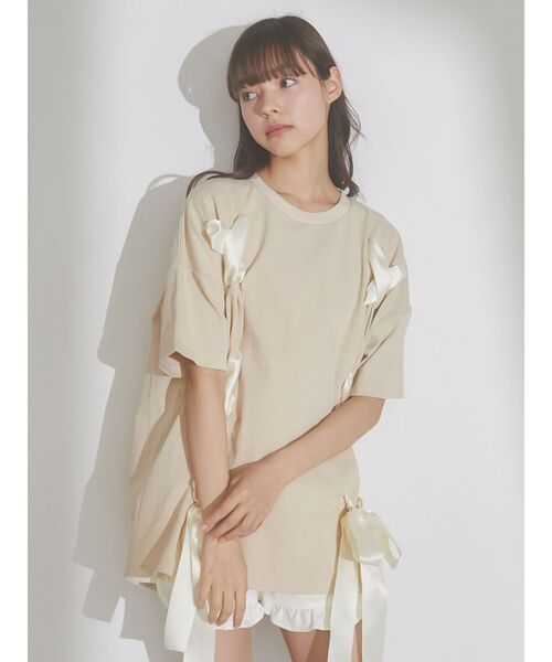 merry jenny（メリージェニー）の「Ribbon Teeチュニック（Tシャツ/カットソー・レディース・ブラック/ベージュ/オフホワイト・FREE）」の6枚目の写真