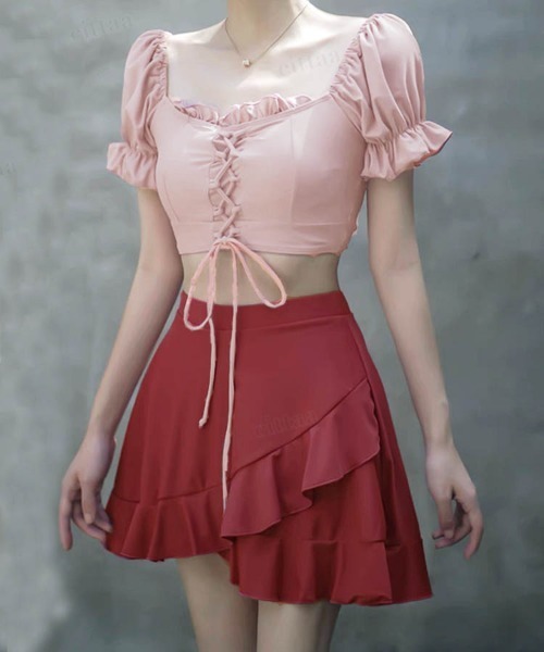 Dalfwin（ダールフィン）の「2WAYオフショルダーレースアップ水着 ２点セットスイムウェア（水着・レディース・ブルー/ピンク・ONE SIZE）」の13枚目の写真