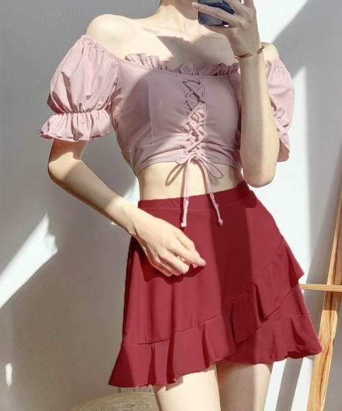 Dalfwin（ダールフィン）の「2WAYオフショルダーレースアップ水着 ２点セットスイムウェア（水着・レディース・ブルー/ピンク・ONE SIZE）」の11枚目の写真