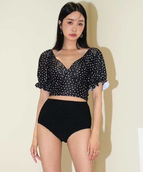 セール】パフスリーブ バックリボン ビキニ 水着 セットアップ