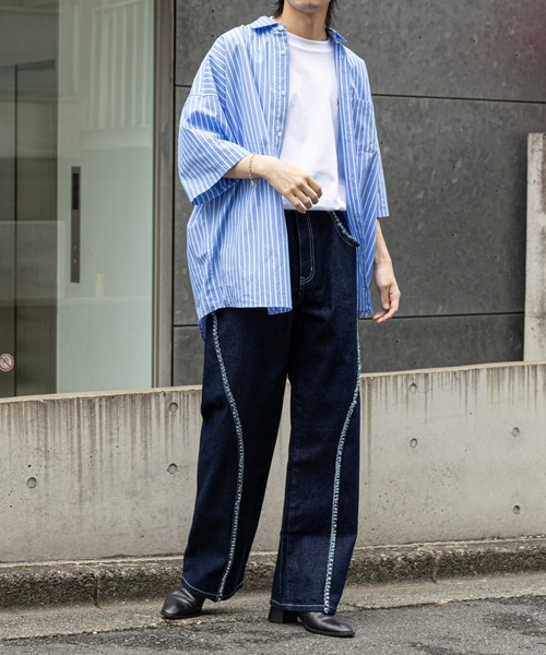 M.U.Lヴィンテージリメイクデニムライン入パンツユニセックス　ブラック INSCRIRE | ブラックデニム ダブルニーパンツ WOMEN（デニムパンツ