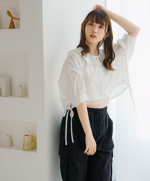 moulis'（ムーリス）の「リボンドロストセーラーショートブラウス（シャツ/ブラウス・レディース・イエロー/ホワイト/ブラック/ブルー・X-LARGE/MEDIUM/LARGE）」の7枚目の写真