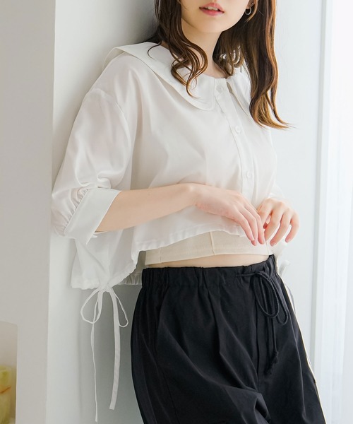 moulis'（ムーリス）の「リボンドロストセーラーショートブラウス（シャツ/ブラウス・レディース・イエロー/ホワイト/ブラック/ブルー・X-LARGE/MEDIUM/LARGE）」の9枚目の写真