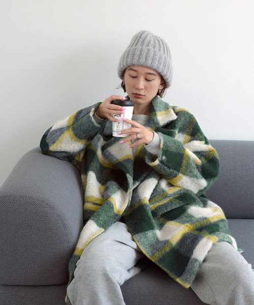 SLOBE citron.（スローブシトロン）の「SLOBE citron.シャギーチェックショートコート（その他アウター・レディース・グリーン/パープル・38/36）」の20枚目の写真