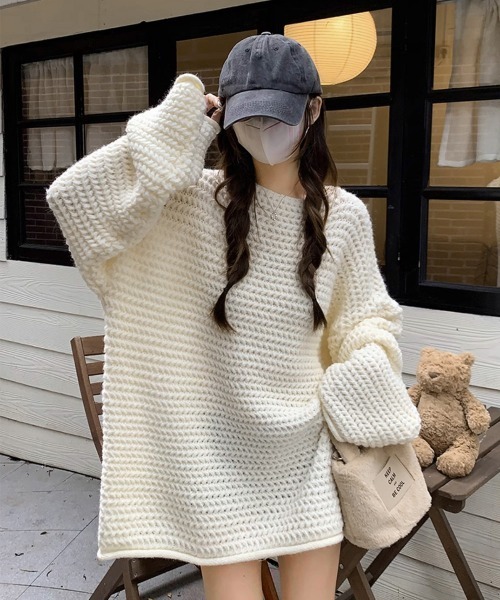 Miniministore(ミニミニストア)の「ローケージ ニットセーター プルオーバー(ニット/セーター・レディース・オフホワイト/ベージュ/ダークグレー/グリーン/ピンク・フリー)」の6枚目の写真