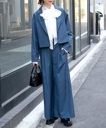 【SET-UP】スリットテーラードショートジャケット×ワイドフレアスラックス