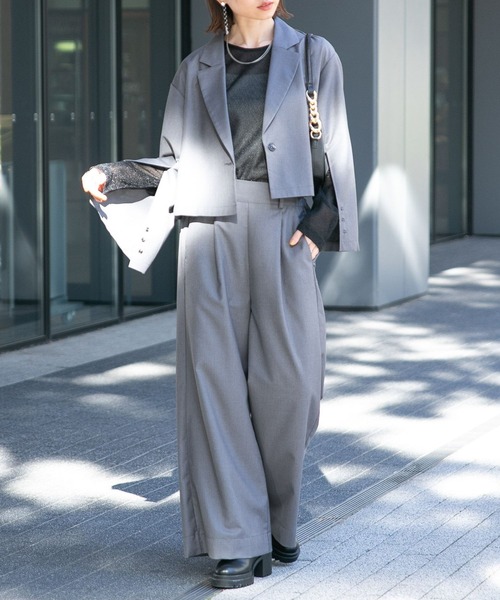 RAGEBLUE（レイジブルー）の「【SET-UP】スリットテーラードショートジャケット×ワイドフレアスラックス（テーラードジャケット・レディース・グレー/ブラック/ダークブルー・FREE）」の3枚目の写真