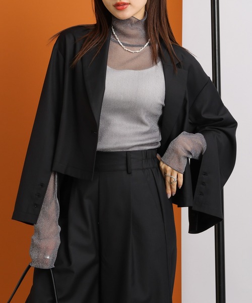 RAGEBLUE（レイジブルー）の「【SET-UP】スリットテーラードショートジャケット×ワイドフレアスラックス（テーラードジャケット・レディース・グレー/ブラック/ダークブルー・FREE）」の21枚目の写真