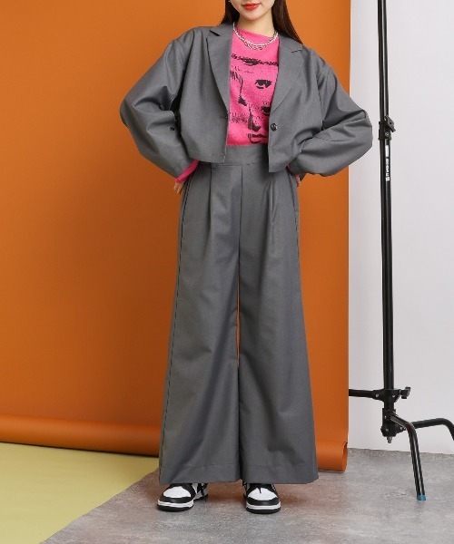 RAGEBLUE（レイジブルー）の「【SET-UP】スリットテーラードショートジャケット×ワイドフレアスラックス（テーラードジャケット・レディース・グレー/ブラック/ダークブルー・FREE）」の10枚目の写真