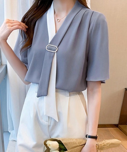 Miniministore(ミニミニストア)の「2way ボウタイブラウスフ レア袖 無地 レディース半袖(シャツ/ブラウス・レディース・ピンク/ホワイト/ミント/ブルー・L/M)」の20枚目の写真