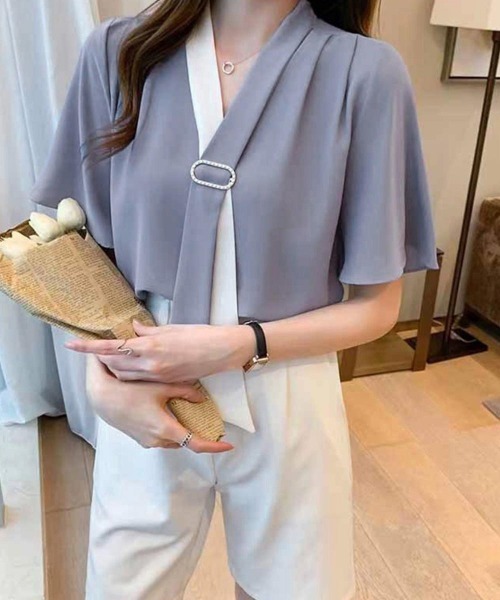 Miniministore(ミニミニストア)の「2way ボウタイブラウスフ レア袖 無地 レディース半袖(シャツ/ブラウス・レディース・ピンク/ホワイト/ミント/ブルー・L/M)」の21枚目の写真