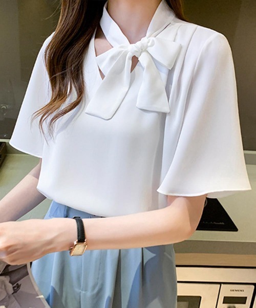 Miniministore(ミニミニストア)の「2way ボウタイブラウスフ レア袖 無地 レディース半袖(シャツ/ブラウス・レディース・ピンク/ホワイト/ミント/ブルー・L/M)」の5枚目の写真