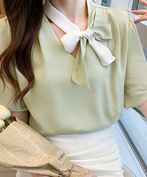 Miniministore(ミニミニストア)の「2way ボウタイブラウスフ レア袖 無地 レディース半袖(シャツ/ブラウス・レディース・ピンク/ホワイト/ミント/ブルー・L/M)」の8枚目の写真