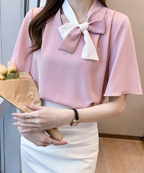 Miniministore(ミニミニストア)の「2way ボウタイブラウスフ レア袖 無地 レディース半袖(シャツ/ブラウス・レディース・ピンク/ホワイト/ミント/ブルー・L/M)」の10枚目の写真