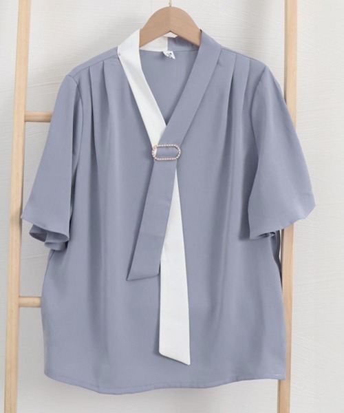 Miniministore(ミニミニストア)の「2way ボウタイブラウスフ レア袖 無地 レディース半袖(シャツ/ブラウス・レディース・ピンク/ホワイト/ミント/ブルー・L/M)」の17枚目の写真
