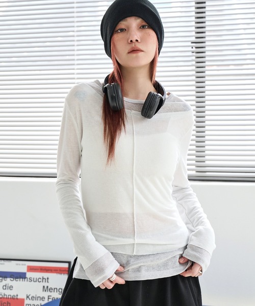 UNE MANSION（ユヌマンション）の「バイカラーステッチアンバランスビンテージレイヤードカットソー（Tシャツ/カットソー・レディース・ブラック/アイボリー/チャコール/ピンク・FREE）」の7枚目の写真