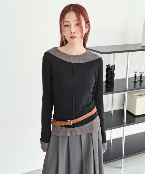 UNE MANSION（ユヌマンション）の「バイカラーステッチアンバランスビンテージレイヤードカットソー（Tシャツ/カットソー・レディース・ブラック/アイボリー/チャコール/ピンク・FREE）」の10枚目の写真