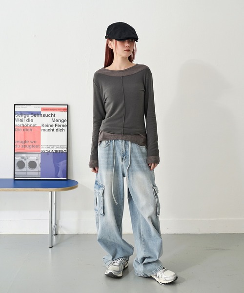 UNE MANSION（ユヌマンション）の「バイカラーステッチアンバランスビンテージレイヤードカットソー（Tシャツ/カットソー・レディース・ブラック/アイボリー/チャコール/ピンク・FREE）」の13枚目の写真