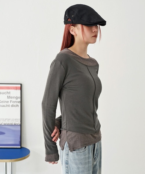 UNE MANSION（ユヌマンション）の「バイカラーステッチアンバランスビンテージレイヤードカットソー（Tシャツ/カットソー・レディース・ブラック/アイボリー/チャコール/ピンク・FREE）」の15枚目の写真