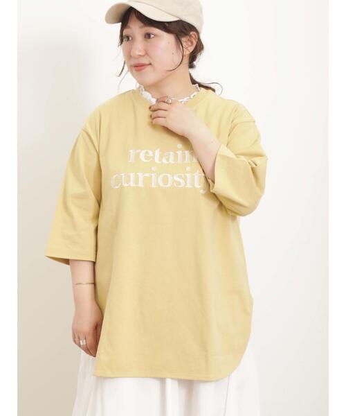 Samansa Mos2(サマンサ モスモス)の「ロゴ刺繍裾ラウンドチュニックTシャツ(Tシャツ/カットソー・レディース・チャコールグレー/イエロー/キナリ/オフホワイト・F)」の1枚目の写真