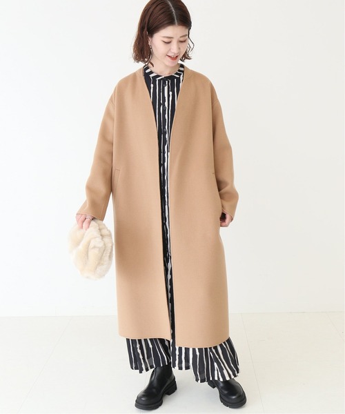 【Spick & Span】ノーカラーリバーコート　38 ウール　ベージュ 人気 スピックアンドスパン ノーカラーリバーコート ベージュ モカ M