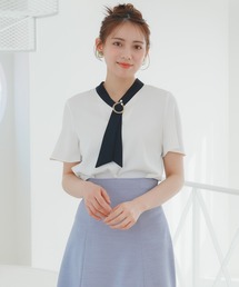 金具パール使い配色ボウタイ半袖ブラウス