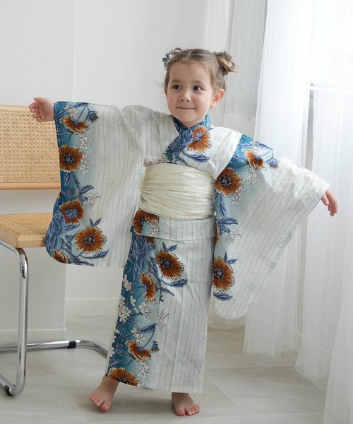 キッズ浴衣3点セット utatane ターコイズのひらひら花染分け（浴衣  