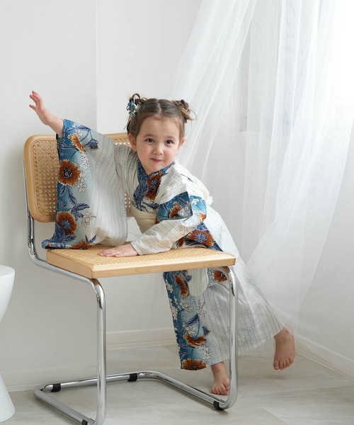 キッズ浴衣3点セット utatane ターコイズのひらひら花染分け（浴衣  