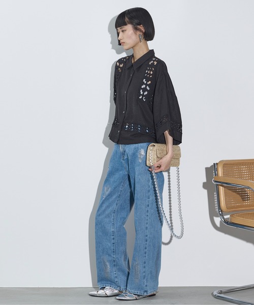 ブラウス シャツ クロシェアクセントクロップドハーフスリーブリネンシャツ レディース セール】クロシェアクセントクロップドハーフスリーブリネン