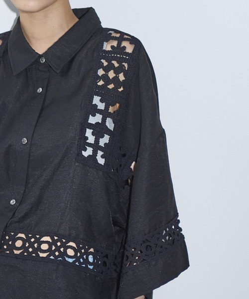 ブラウス シャツ クロシェアクセントクロップドハーフスリーブリネンシャツ レディース THE Yon ブラウス シャツ クロシェアクセントクロップドハーフ