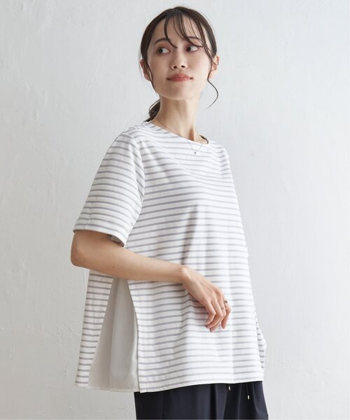 ikka（イッカ）の「【接触冷感／吸水速乾】冷感サイド切替ボーダープルオーバー【UVカット／親子コーデ】（Tシャツ/カットソー・レディース・オフホワイト/ネイビー/グレー/グリーン・L/M/S）」の6枚目の写真