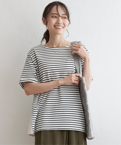 ikka（イッカ）の「【接触冷感／吸水速乾】冷感サイド切替ボーダープルオーバー【UVカット／親子コーデ】（Tシャツ/カットソー・レディース・オフホワイト/ネイビー/グレー/グリーン・L/M/S）」の9枚目の写真