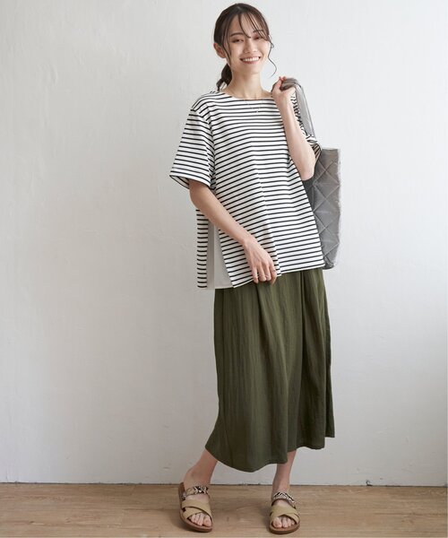 ikka（イッカ）の「【接触冷感／吸水速乾】冷感サイド切替ボーダープルオーバー【UVカット／親子コーデ】（Tシャツ/カットソー・レディース・オフホワイト/ネイビー/グレー/グリーン・L/M/S）」の10枚目の写真