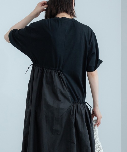 BEARDSLEY 半袖 ドッキングワンピース ドロストワンピース　マキシ丈　黒 HEILIS（ヘイリス）の「ドッキング半袖マキシワンピース / 半袖 きれい
