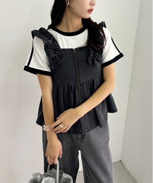 one after another NICE CLAUP(ワンアフターアナザーナイスクラップ)の「ダブルフリルデニムチュニック/WEB限定アイテム(チュニック・レディース・ブラック/サックスブルー・FREE)」の6枚目の写真