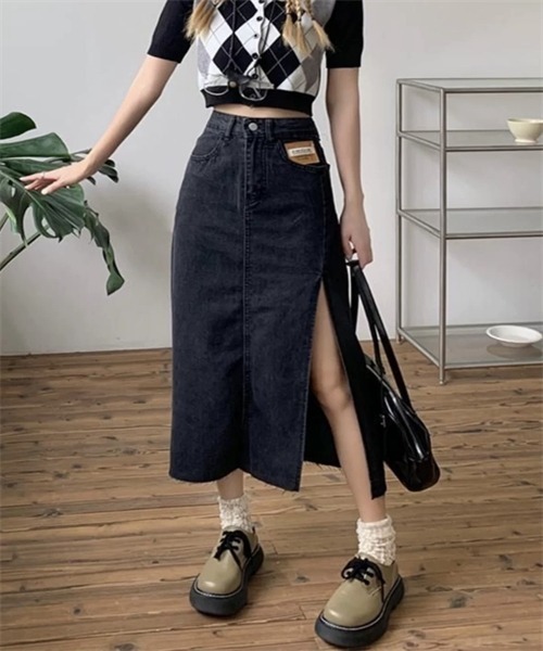 DT MaxMara ★ サイドスリット スカート DALMINE ブラック レーヨンリネンオックス サイドスリットスカート