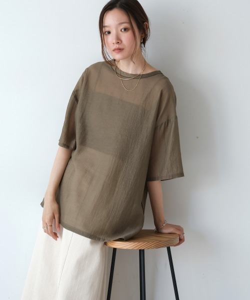 Bab(バブ)の「シアーブラウスTシャツ(Tシャツ/カットソー・レディース・グレイッシュベージュ/ブラック/モカ・M)」の9枚目の写真