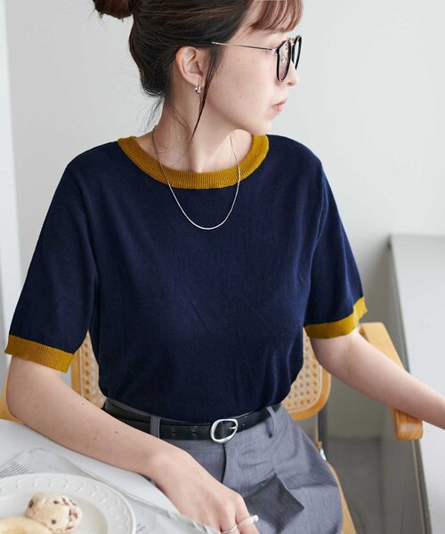 DISCOAT（ディスコート）の「【WEB限定】配色半袖プルオーバー（ニット/セーター・レディース・グレー/アイボリー/ブラック/ネイビー/オレンジ/ブラウン/グレー系その他/グレイッシュベージュ・FREE）」の7枚目の写真