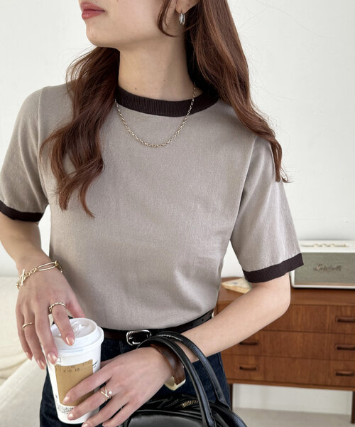 DISCOAT（ディスコート）の「【WEB限定】配色半袖プルオーバー（ニット/セーター・レディース・グレー/アイボリー/ブラック/ネイビー/オレンジ/ブラウン/グレー系その他/グレイッシュベージュ・FREE）」の6枚目の写真