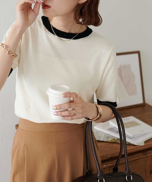 DISCOAT（ディスコート）の「【WEB限定】配色半袖プルオーバー（ニット/セーター・レディース・グレー/アイボリー/ブラック/ネイビー/オレンジ/ブラウン/グレー系その他/グレイッシュベージュ・FREE）」の11枚目の写真